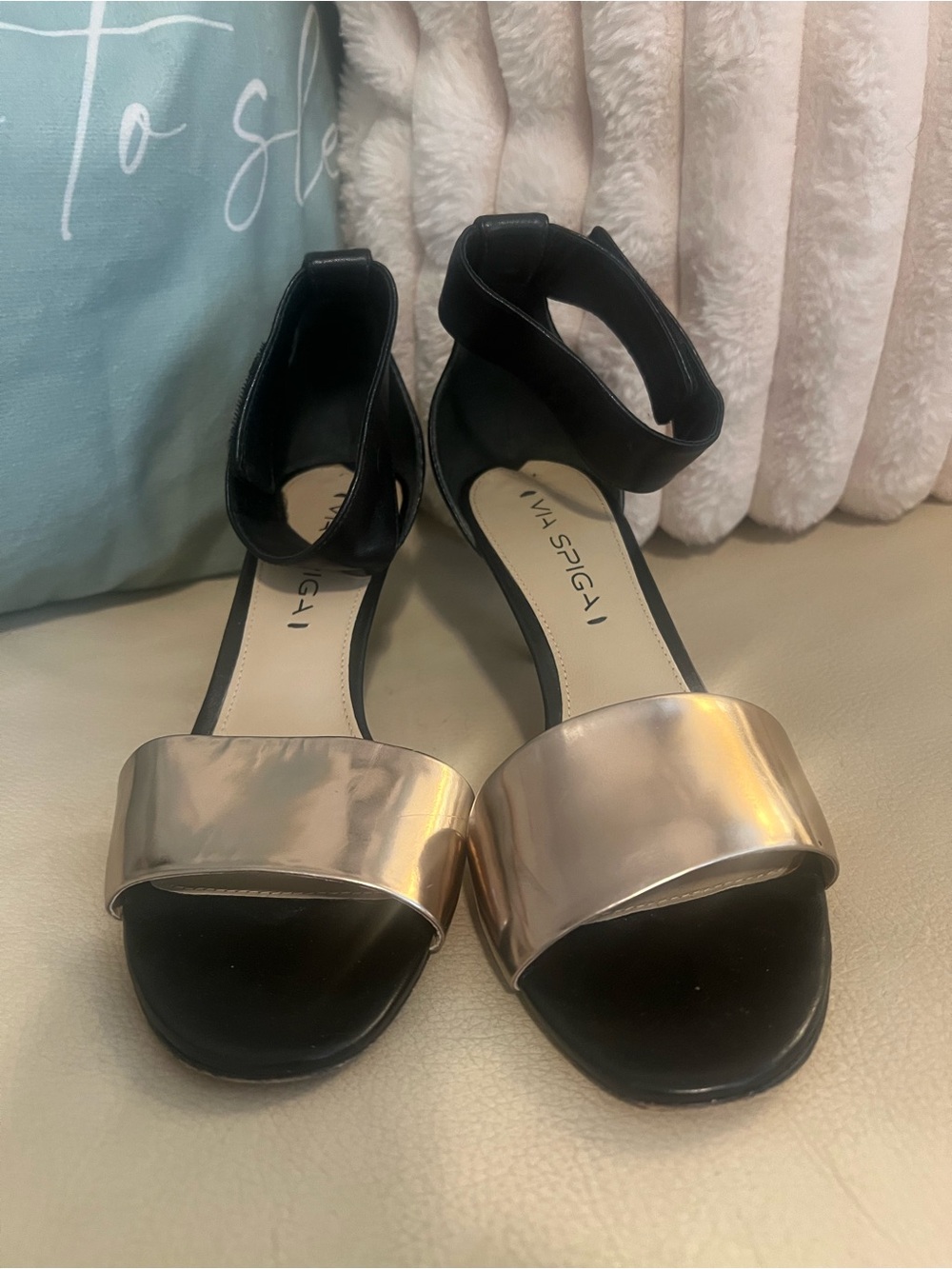 Via Spiga Black & Metallic Gold Ankle Strap Heels - Sz 6.5